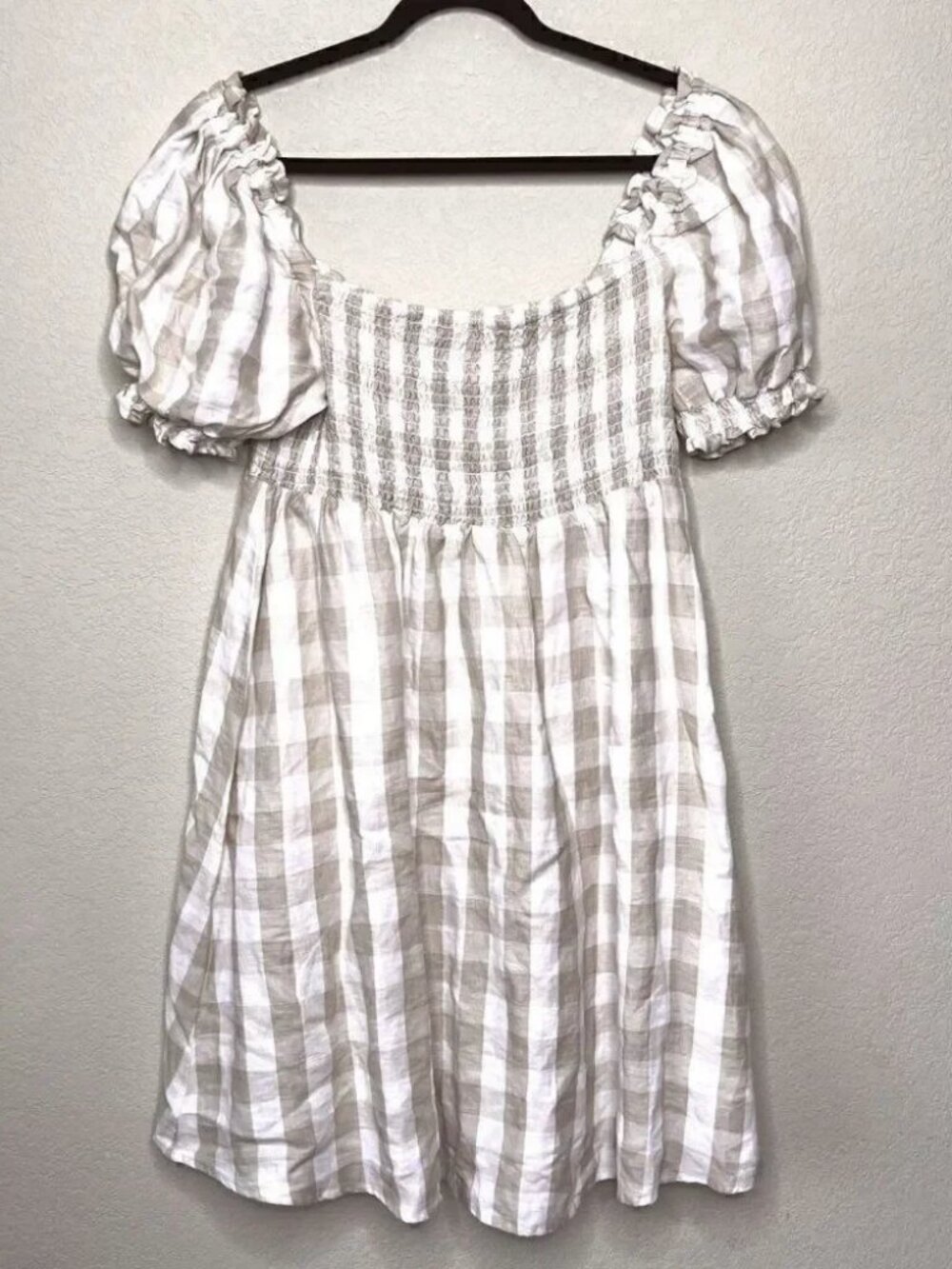 NWT! House of Harlow 1960 Beige Gingham Smocked Balloon Sleeve Dress Size XL